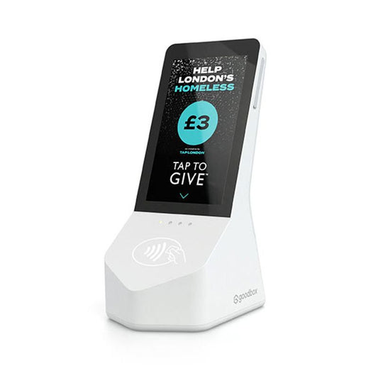 Desktop donation stand with terminal